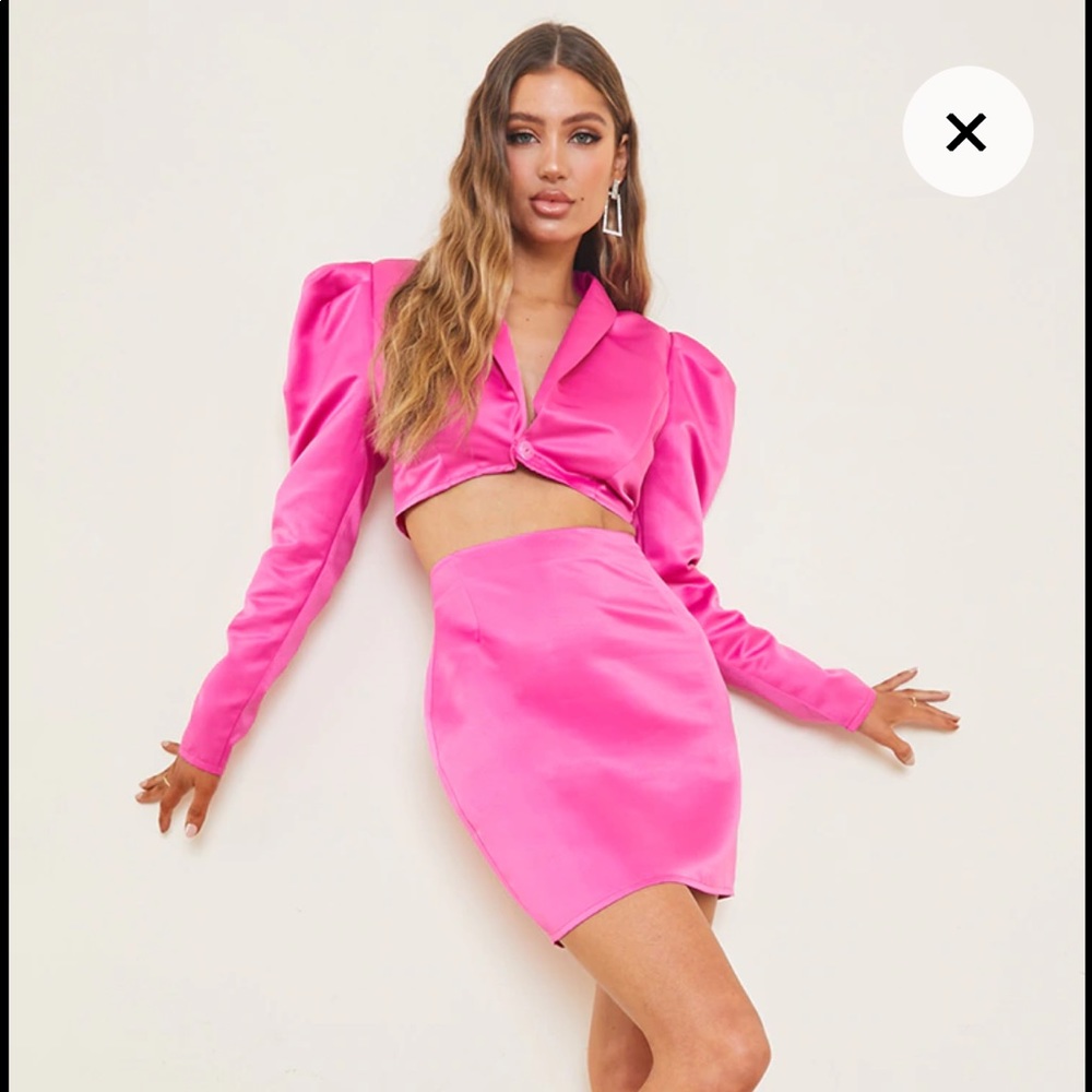 PrettyLittleThings Satin Fuschia Skirt Co-ord
